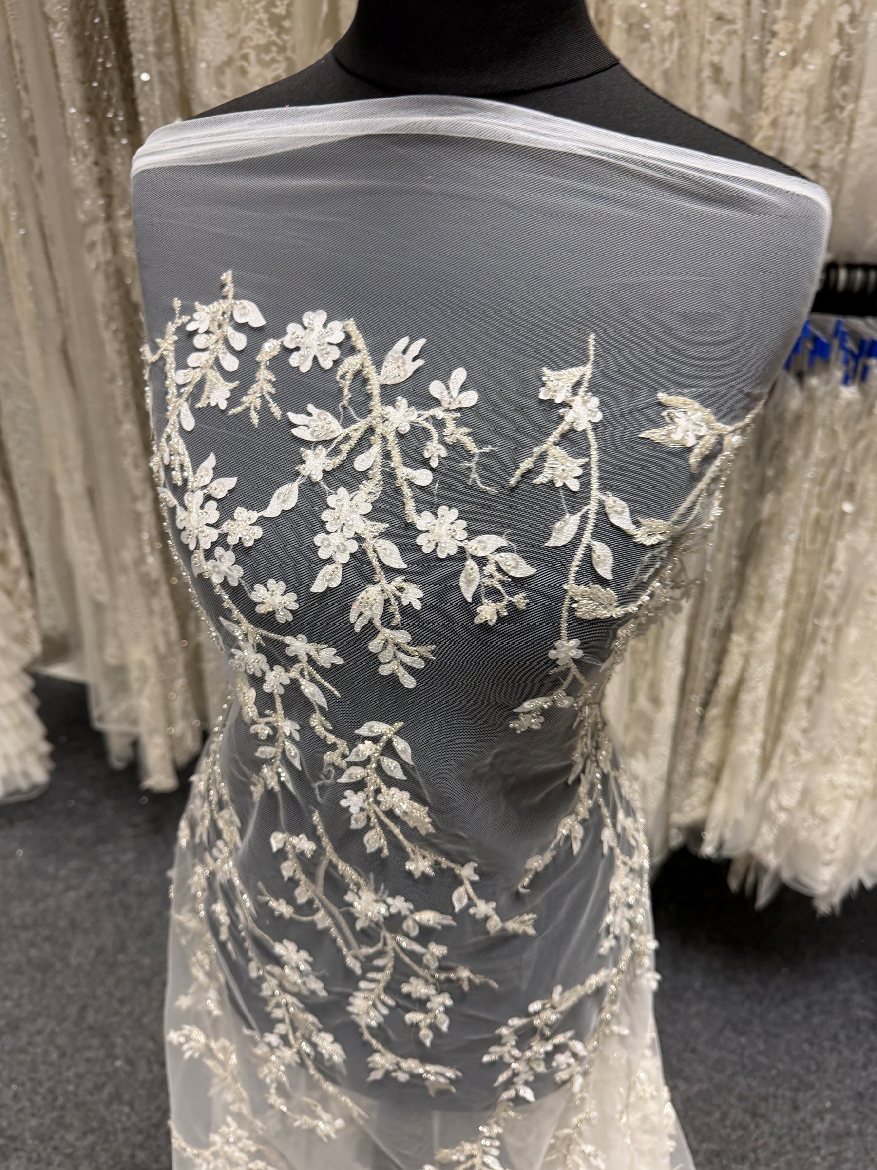 Ivory/Silver Embroidered Lace - EB1073