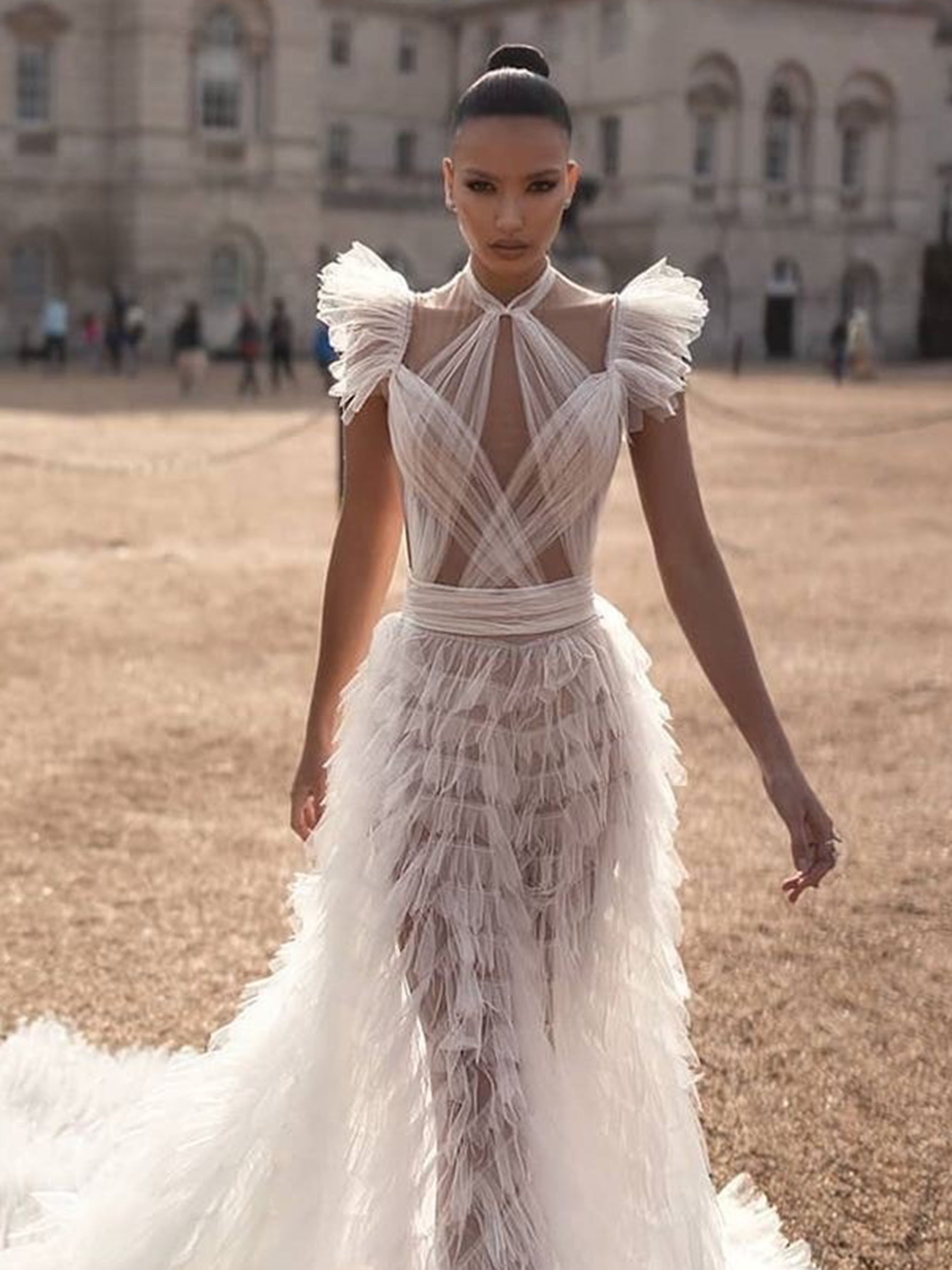 diamond organza ruffle dress in white Puff Organza 3D Ruffle Open Back Evening Dress dollytang