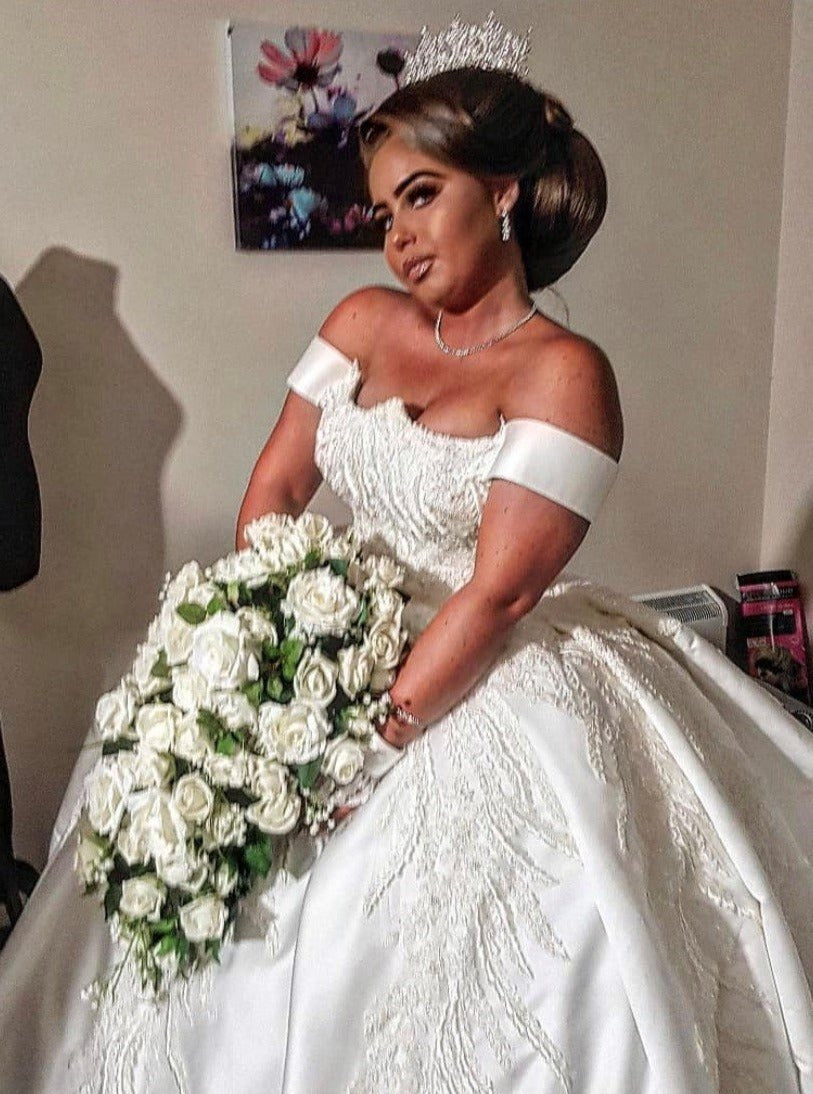 fleur ivory wedding dress Fleur: Floral A-Line Wedding Dress with Semi-Sheer Bishop Sleeves