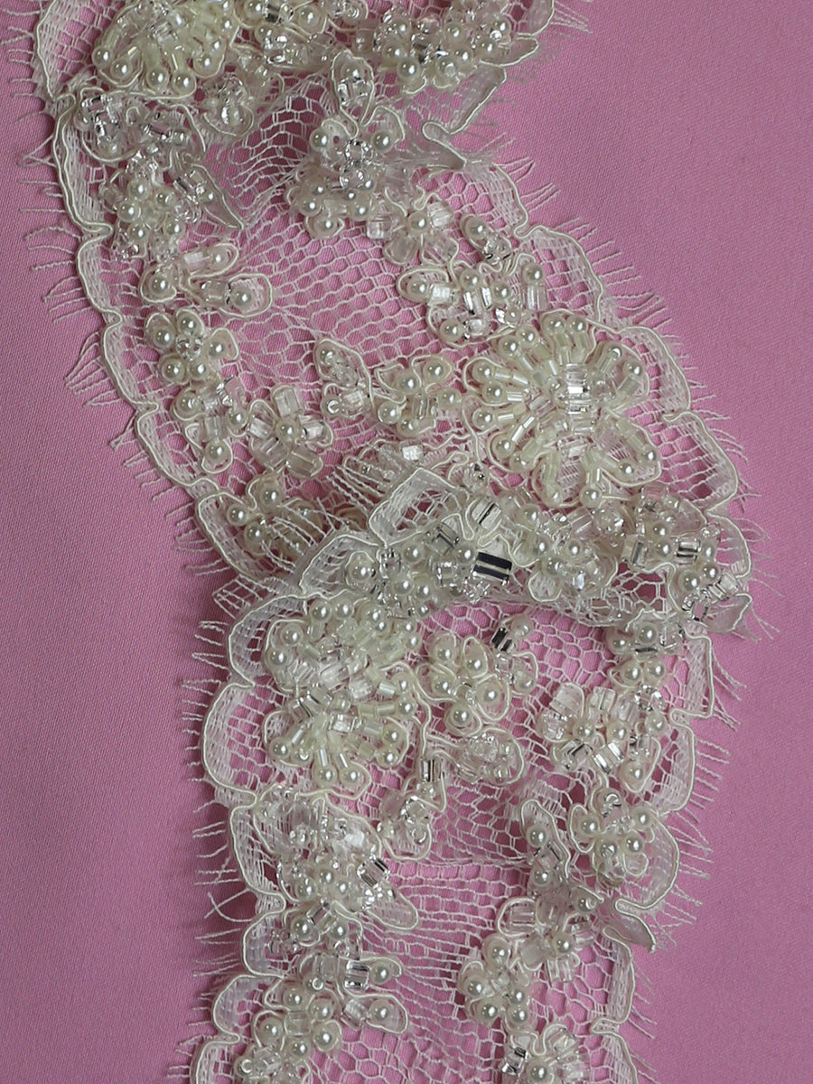 Ivory Beaded & Corded Lace Trim - Omega