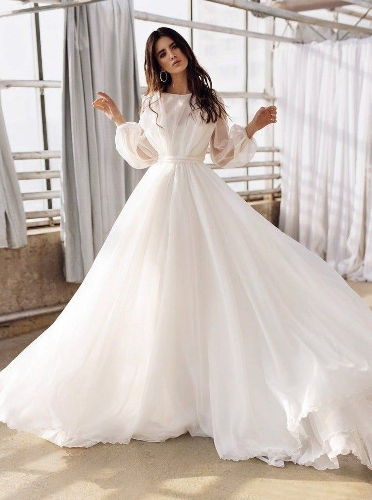 Dramatic Long Sleeve Wedding Dress with Laser Cut Train | Sophia Tolli