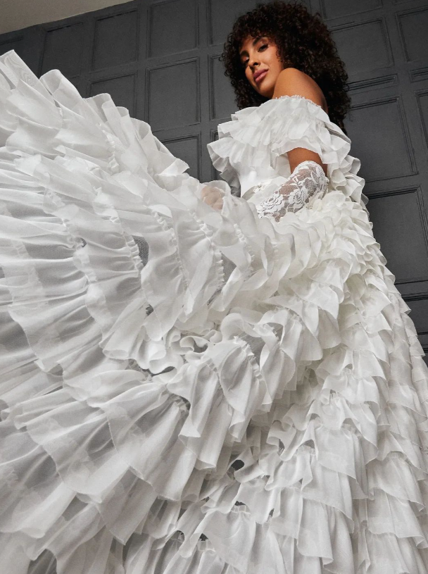 diamond organza ruffle dress in white White Ruffle Strap Organza Mini Dress