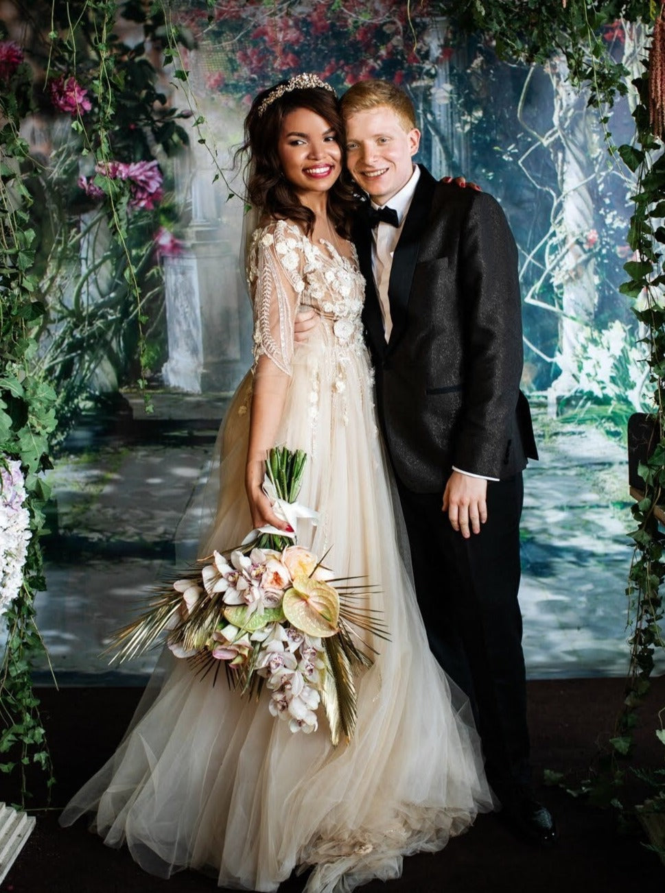 Champagne Beaded Flower Lace
