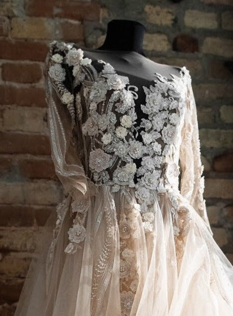 Champagne Beaded Flower Lace