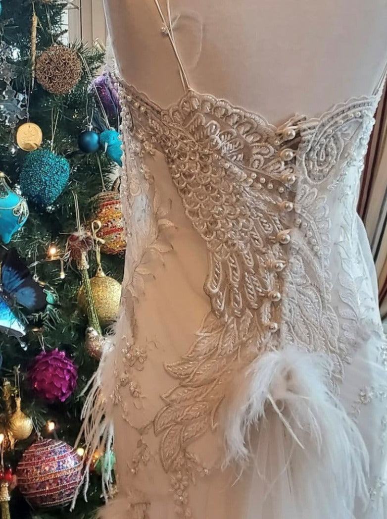 Ivory Beaded with Ivory Feathers Lace - Chantelle