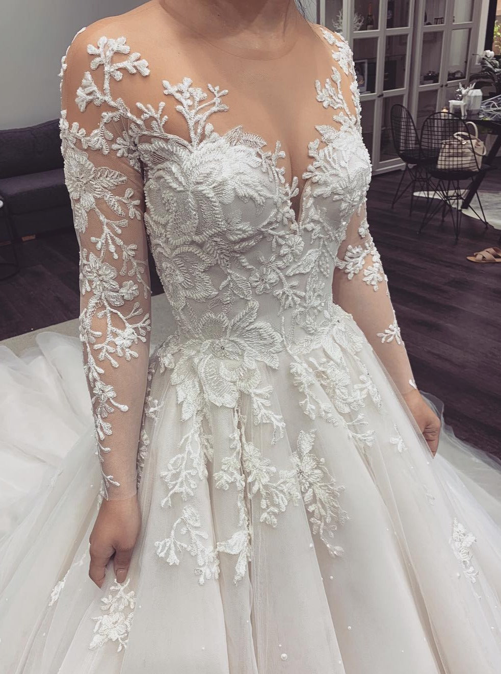 silver embroidered wedding dress silver thread beaded embroidery wedding gown DARIUS COUTURE