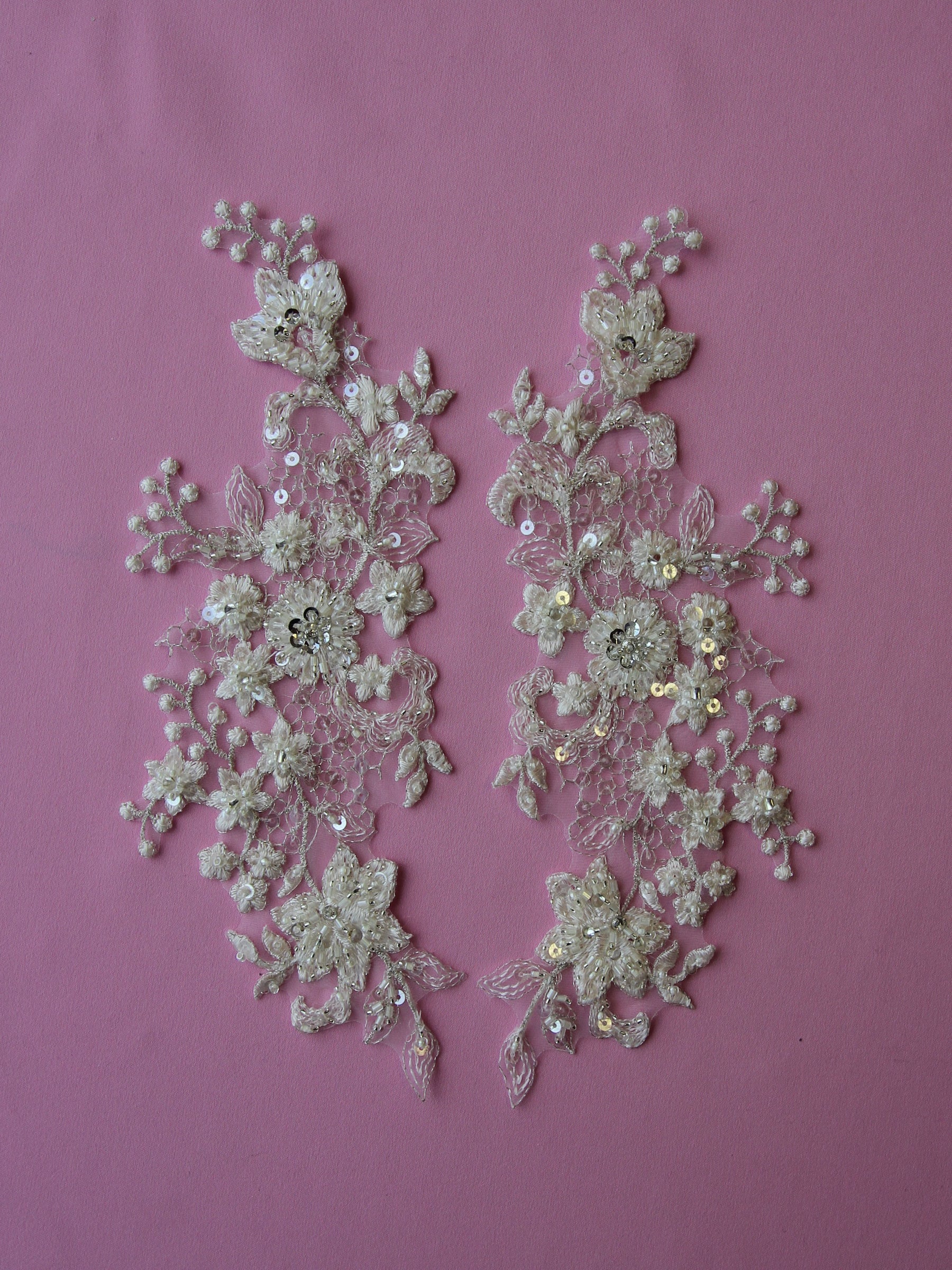 Ivory Sequinned and Beaded Lace Appliques - Mimosa