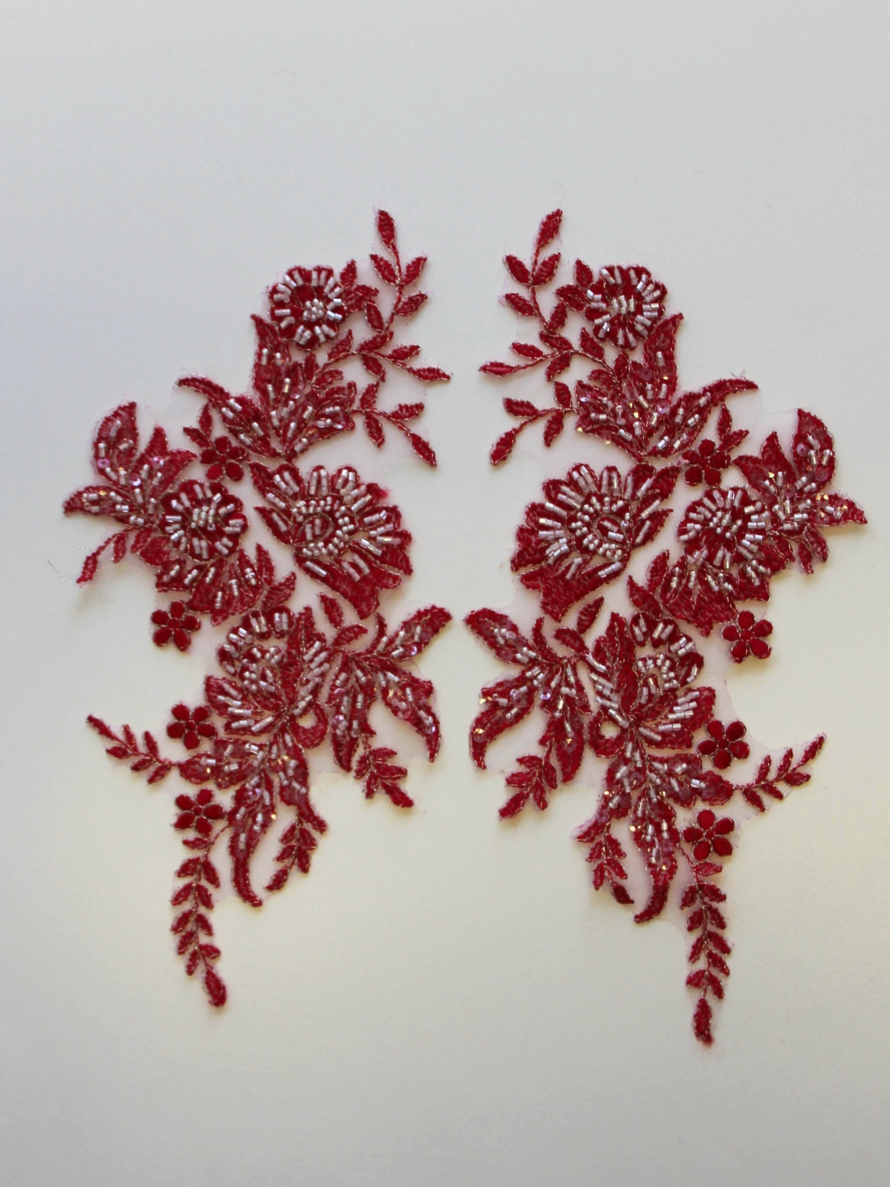 Tulip Red Beaded Lace Appliques - Nicole