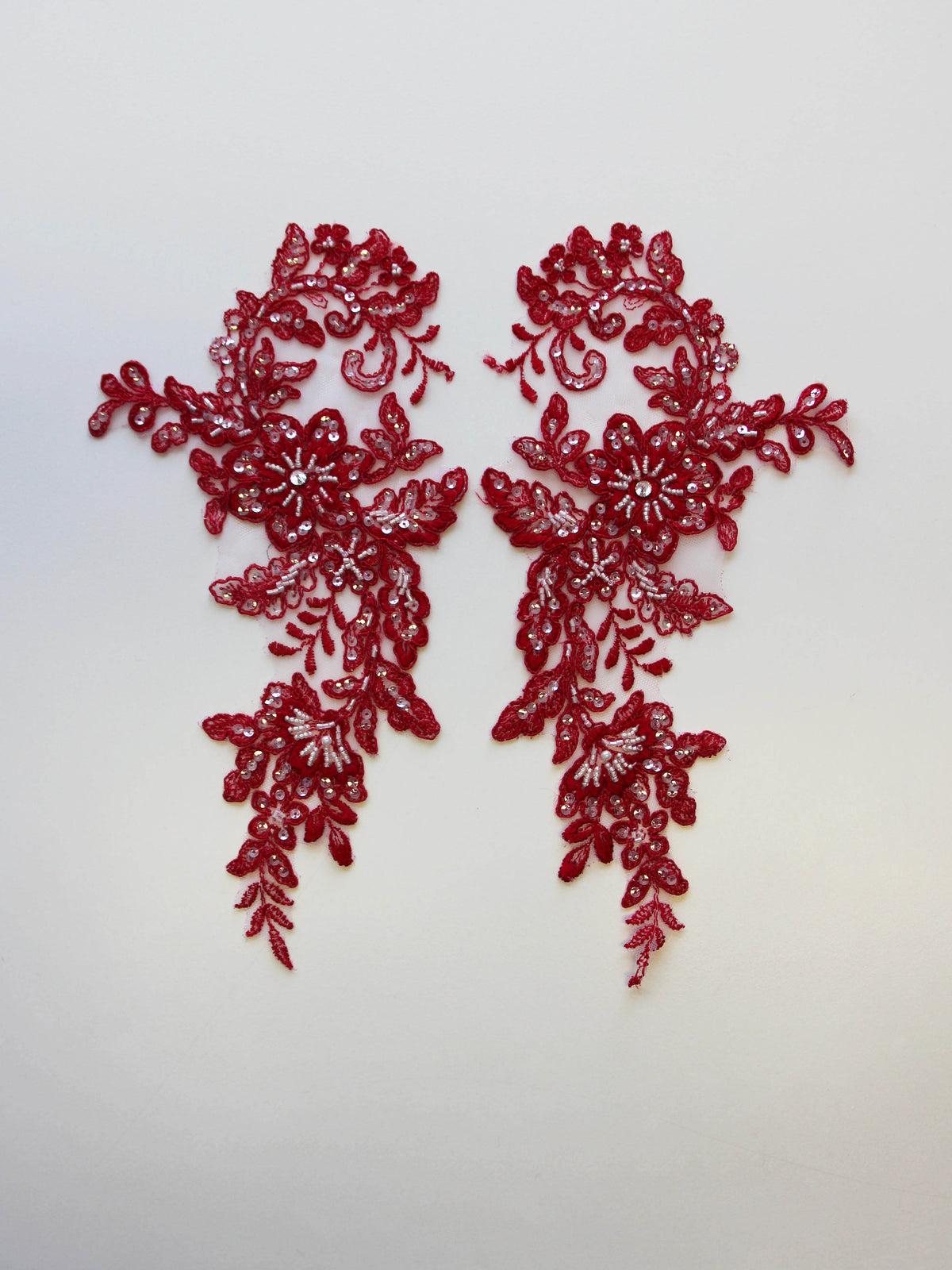 Tulip Red Beaded Lace Appliques - Annabelle