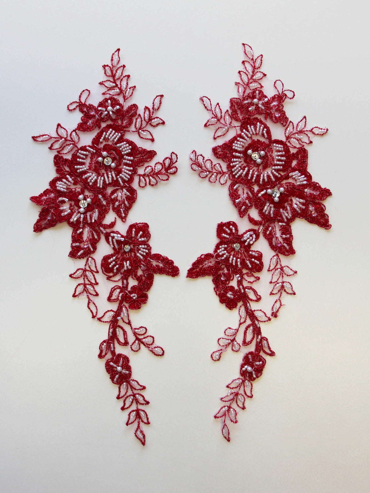 Tulip Red Beaded and Corded Lace Appliques - Poppy