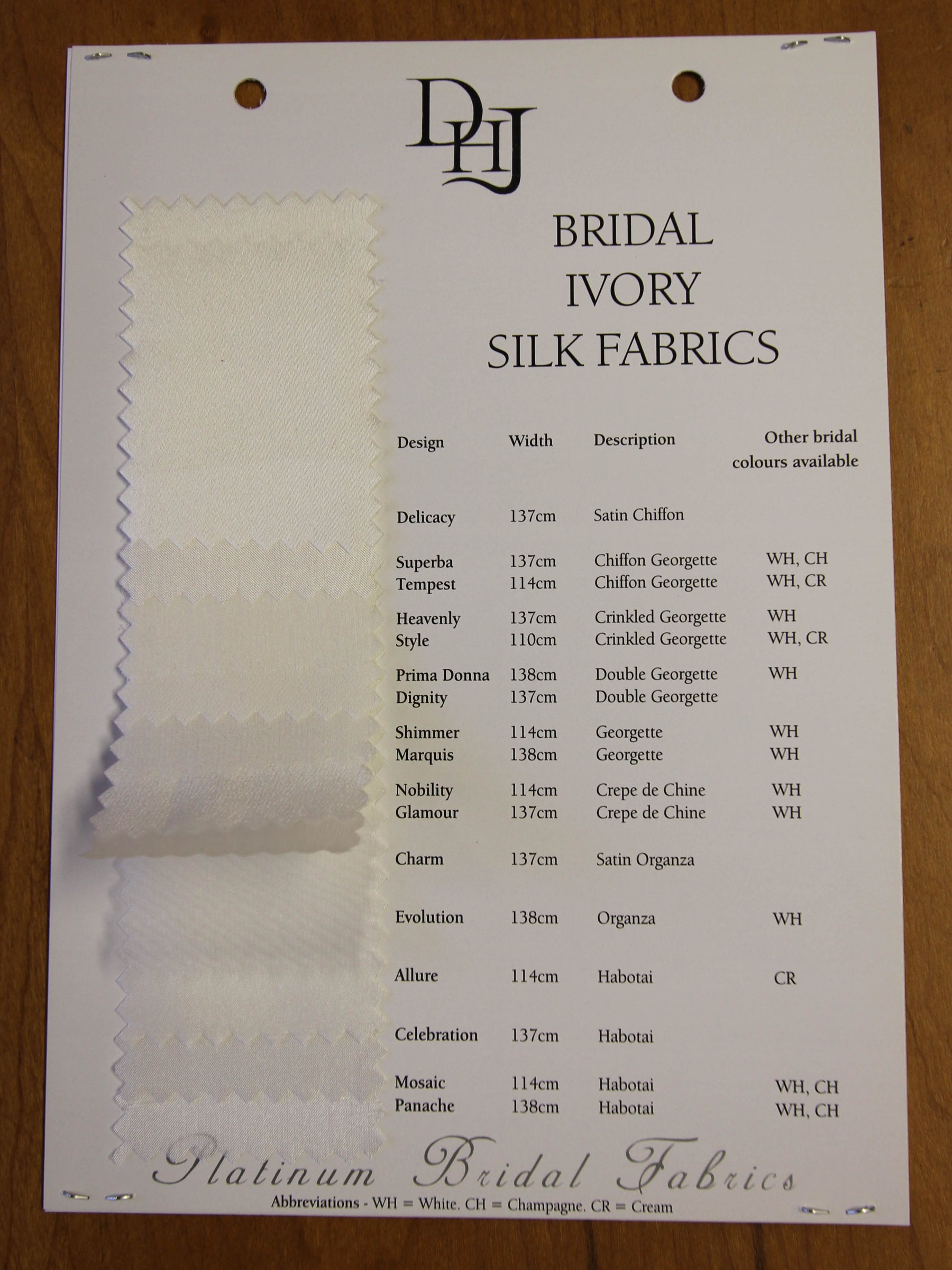 Sample Card of Silk Bridal Fabrics in Ivory